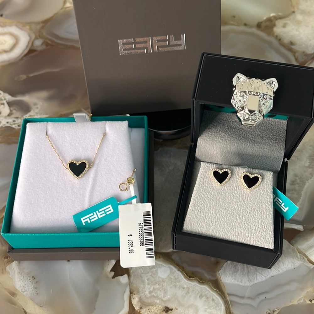 EFFY ​Hearts SET 14K Yellow Gold, Diamond & Onyx Heart Stud Earrings + Bracelet